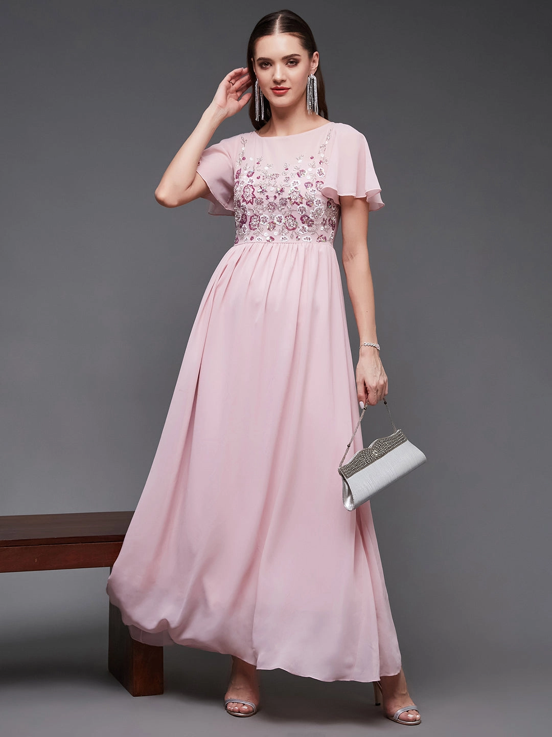 Polished Wear Light Drape Women's Blush Pink Sequined Gathered Party Maxi Dress