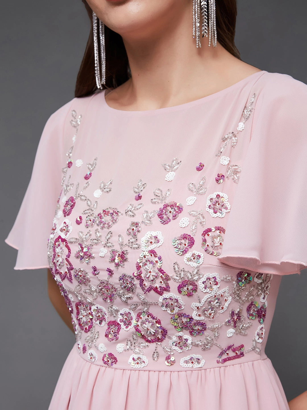 Perfect Style Wear Smart and Polished Women's Blush Pink Sequined Gathered Party Maxi Dress