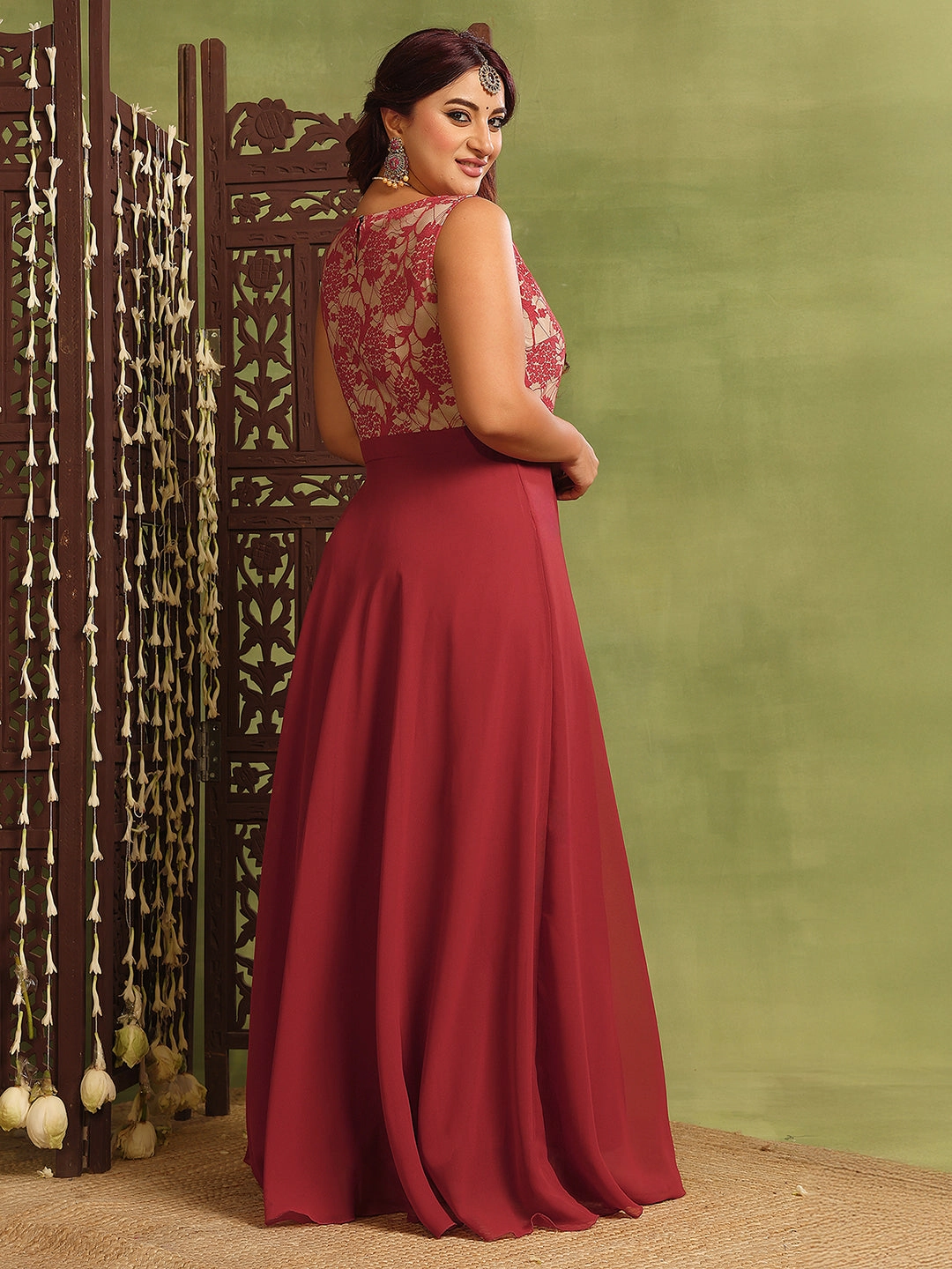 Women's Brick Red & Dusty Green Boat Neck Sleeveless Self-Design Lace-Overlaid Regular Dress Tie-Detail