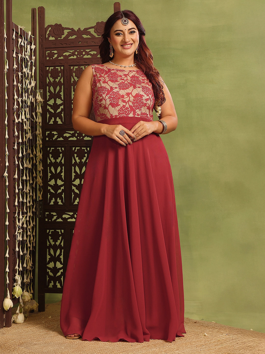 Trendy Design Women's Brick Red & Dusty Green Boat Neck Sleeveless Self-Design Lace-Overlaid Regular Dress