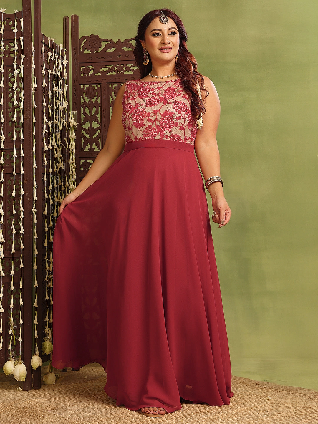 Women's Brick Red & Dusty Green Boat Neck Sleeveless Self-Design Lace-Overlaid Regular Dress FadeResistantColor Playful Twist