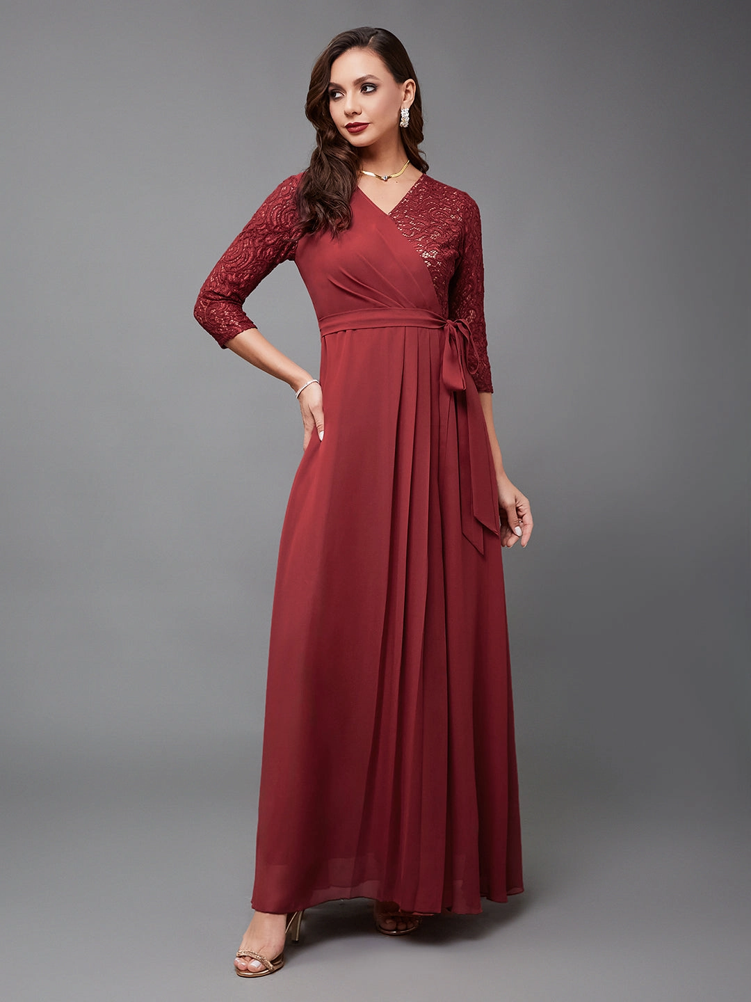 EasyCareMaterial Versatile Style Wear Women's Brick Red V-Neck 3/4 Sleeve Self-Designed Wrap Styled Georgette Maxi Dress