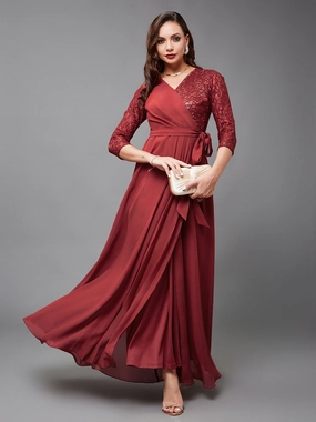 Women's Brick Red V-Neck 3/4 Sleeve Self-Designed Wrap Styled Georgette Maxi Dress ContrastStitching