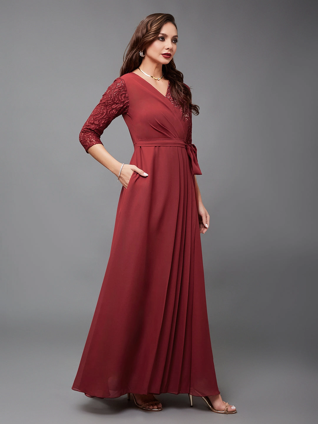 Modern Layering High Waist Women's Brick Red V-Neck 3/4 Sleeve Self-Designed Wrap Styled Georgette Maxi Dress