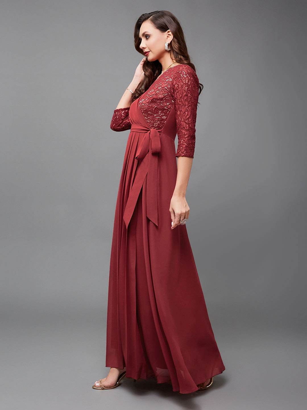Women's Brick Red V-Neck 3/4 Sleeve Self-Designed Wrap Styled Georgette Maxi Dress Fall Flow Scoop-Neck
