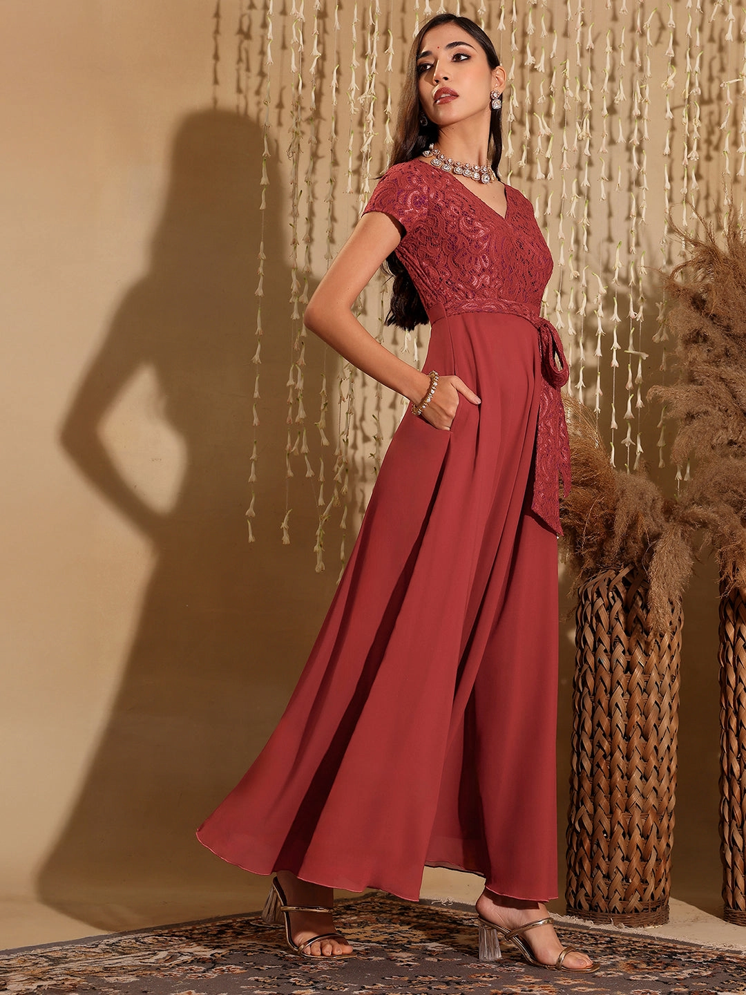 Women's Brick Red V-Neck Short Sleeve Self-Designed Lace Overlaid Georgette Maxi Dress Lux Look Weekend Ready