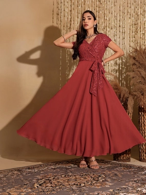 Women's Brick Red V-Neck Short Sleeve Self-Designed Lace Overlaid Georgette Maxi Dress Casual Chic bold appearance