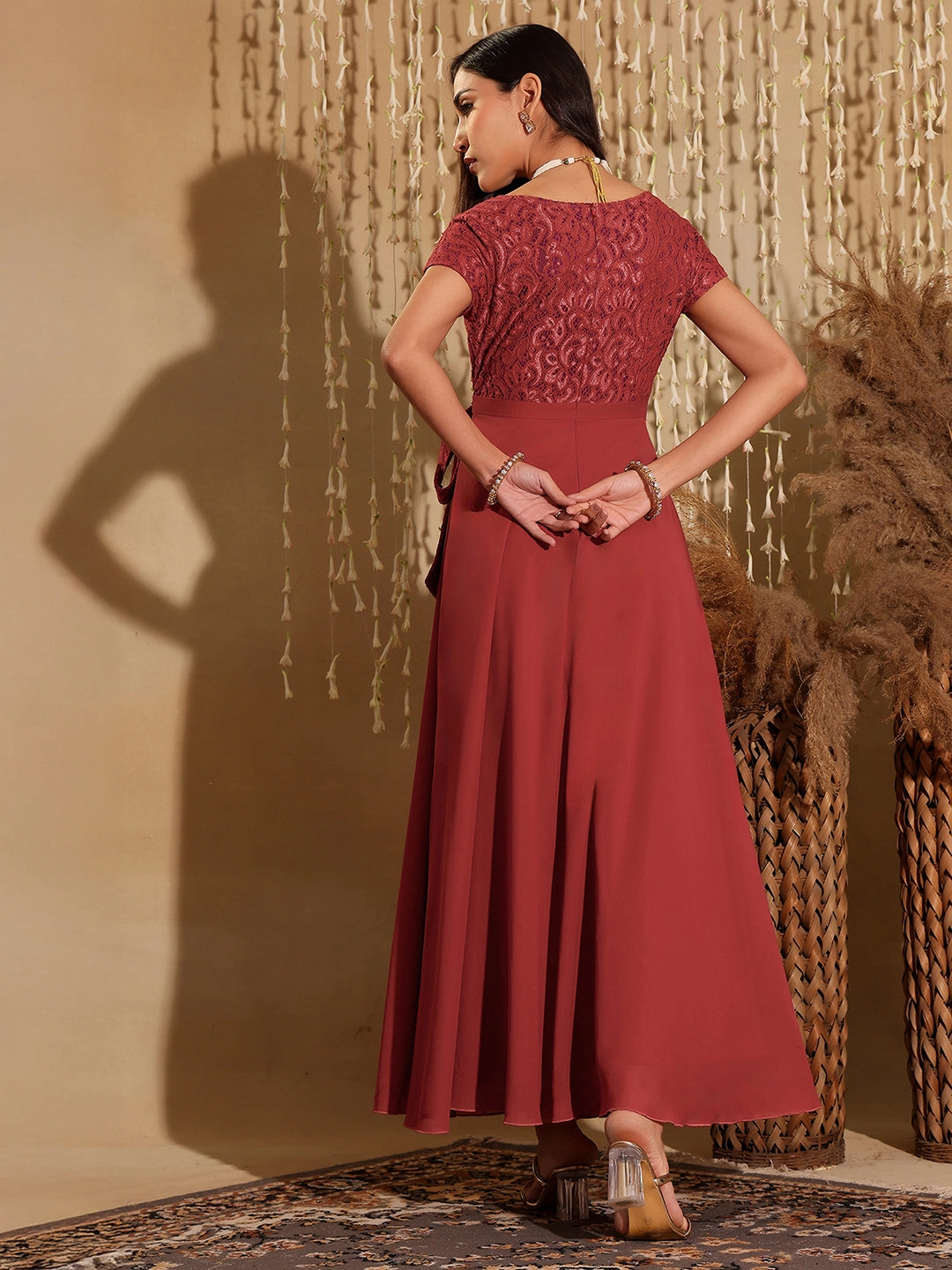 Sage Glow Women's Brick Red V-Neck Short Sleeve Self-Designed Lace Overlaid Georgette Maxi Dress