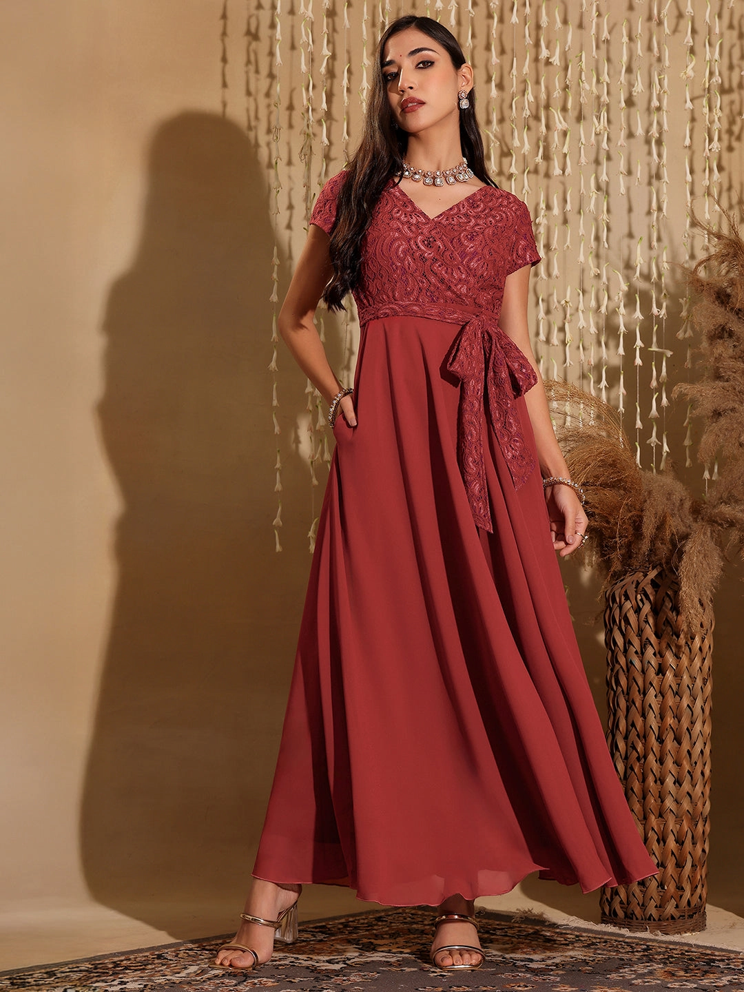 Women's Brick Red V-Neck Short Sleeve Self-Designed Lace Overlaid Georgette Maxi Dress Sister Glow