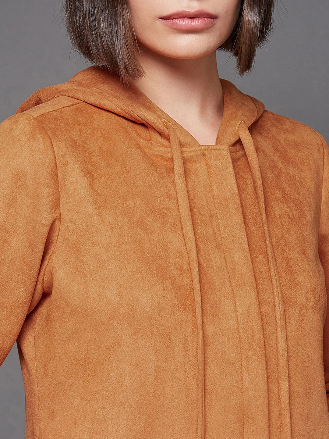 Insulated Layer MagneticClosure Women's Burnt Orange Solid Hooded Neck Full Sleeves Casual Winter Wear Polyester High Low Longline Jacket