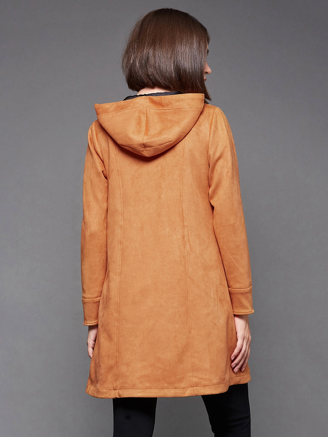 Women's Burnt Orange Solid Hooded Neck Full Sleeves Casual Winter Wear Polyester High Low Longline Jacket Button Closure Touchscreen Compatible Cuffs