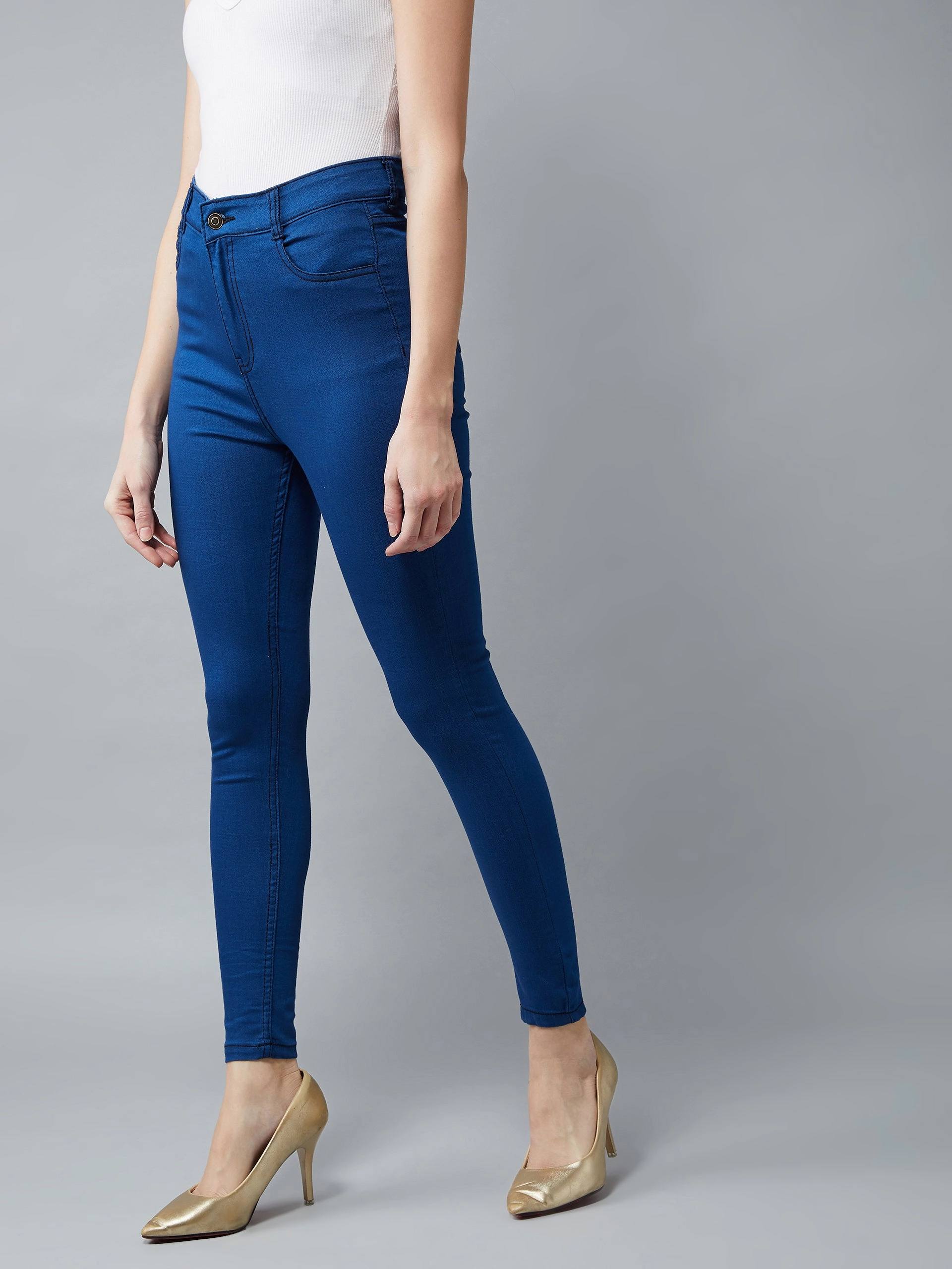 Straight Leg Design Women's Carbon-Blue Skinny-Fit High-Rise Zip Fly Closure Denim Jeans