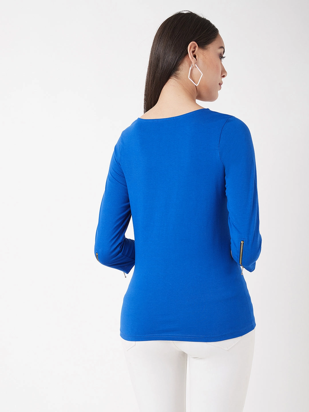 Bonded Hemline Women's Cobalt Blue Round Neck 3/4 Sleeves Solid Zippered Top