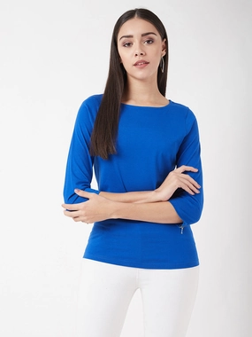 Multi Panel Construction PreShrunkFabric Women's Cobalt Blue Round Neck 3/4 Sleeves Solid Zippered Top