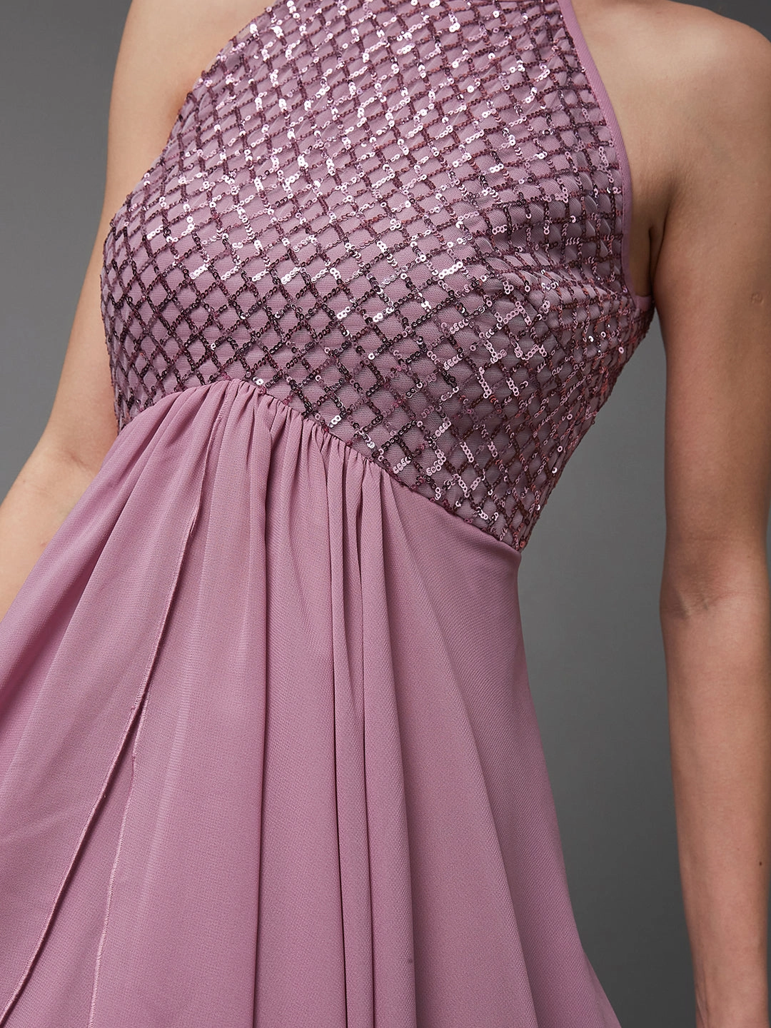 Women's Cocktail Dusty Lavender Georgette Halter Neck Sleeveless Embellished Layered Maxi Dress Warm-Layer Asymmetric-Neck