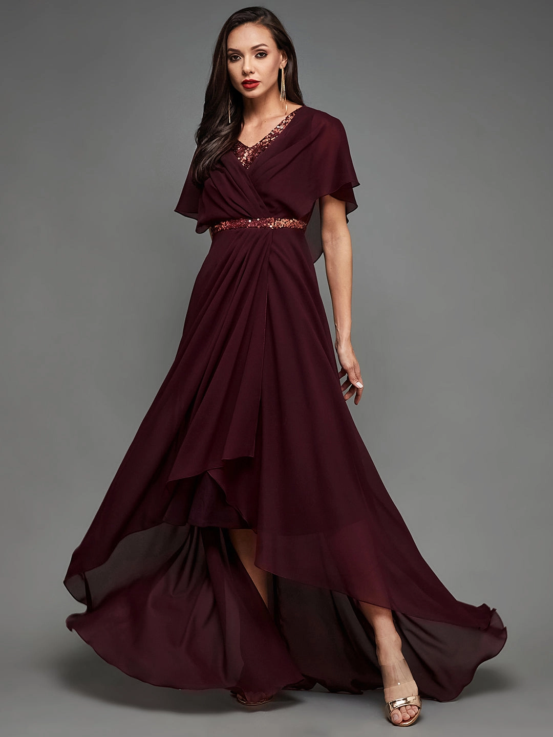 Smart and Elegant Gentle Texture Women's Cocktail Wine Sequined V-Neck Cape Georgette Pleated Relaxed Fit party Maxi Dress