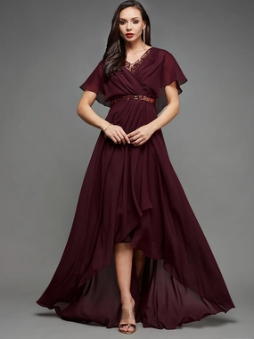 Spring-Season Women's Cocktail Wine Sequined V-Neck Cape Georgette Pleated Relaxed Fit party Maxi Dress