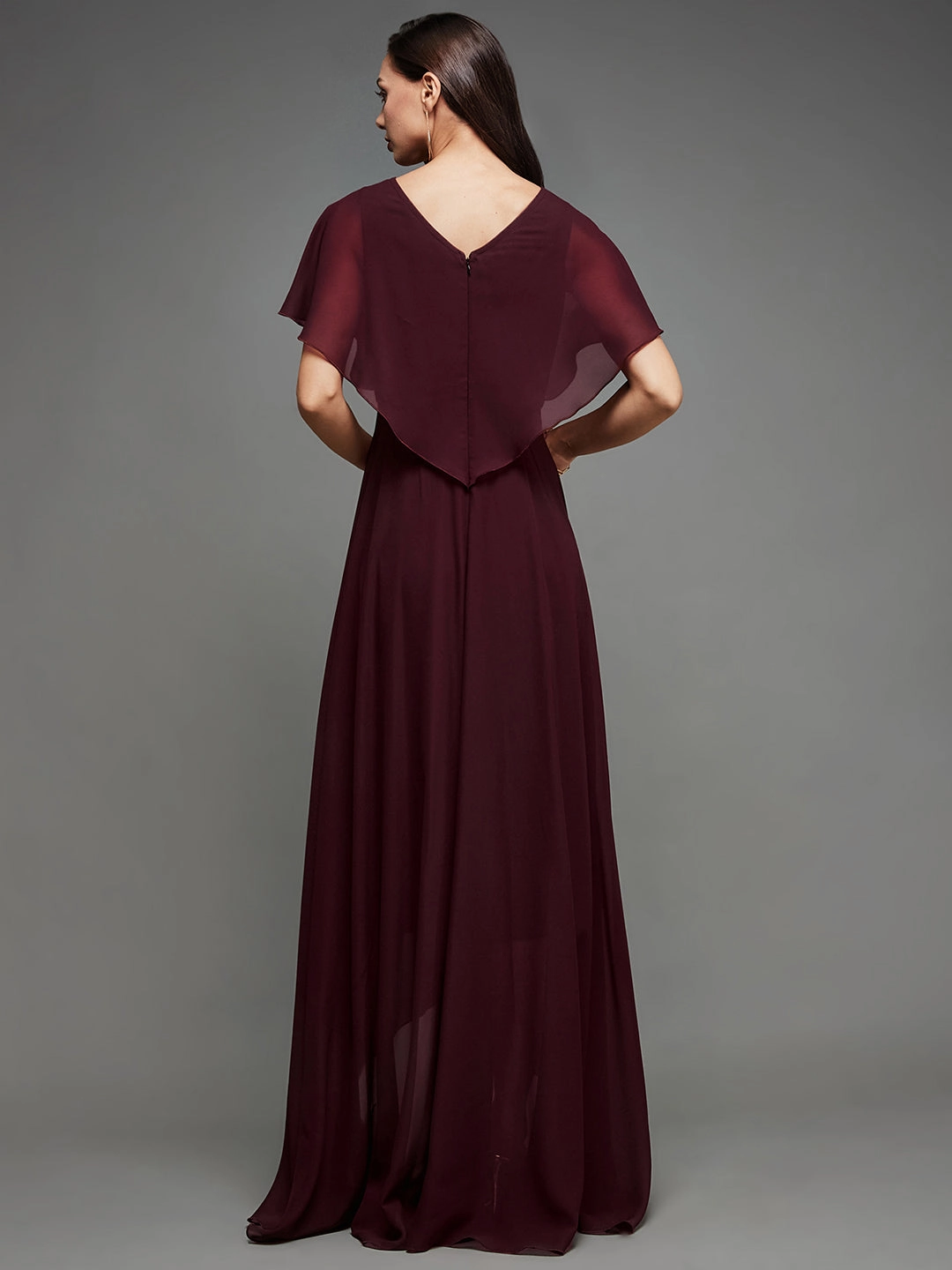 Women's Cocktail Wine Sequined V-Neck Cape Georgette Pleated Relaxed Fit party Maxi Dress MoistureWickingTechnology