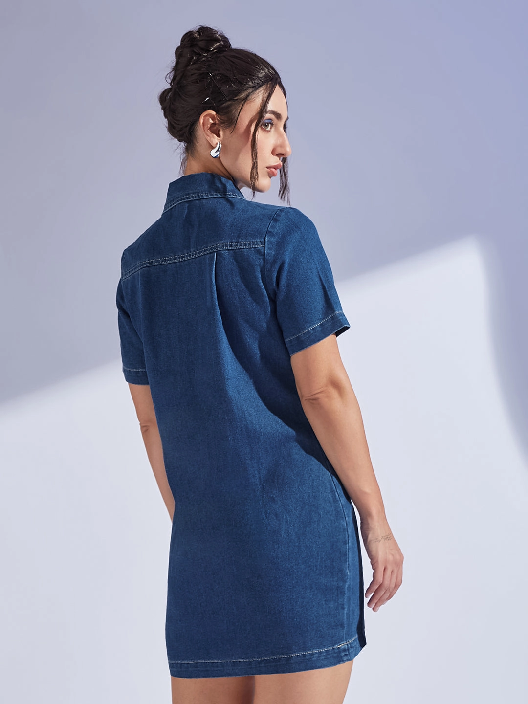 Women's Dark Blue Collared Half Sleeve Princess Seam Sheath Mini Dress Relaxed-fit maxi dress