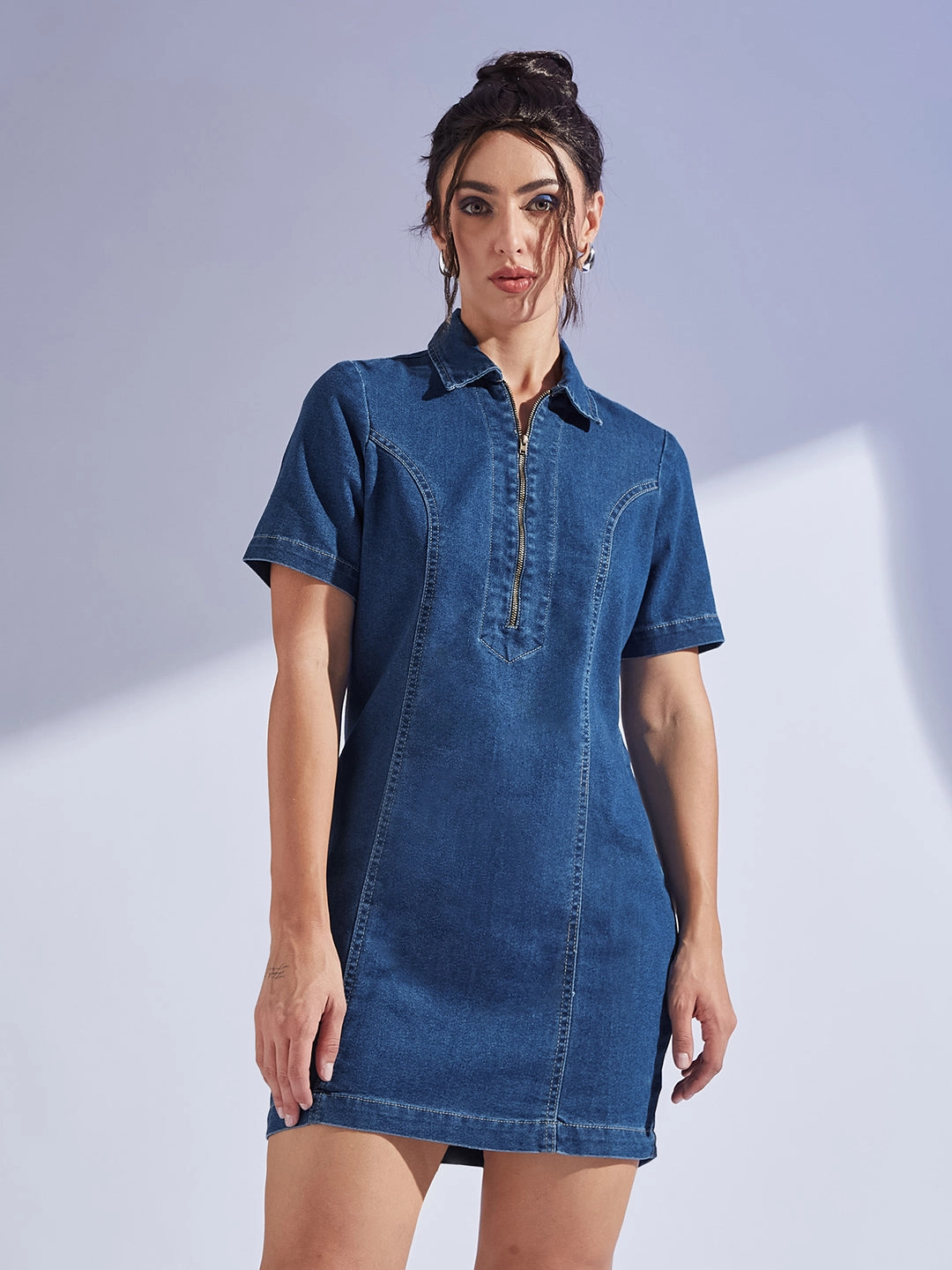 Women's Dark Blue Collared Half Sleeve Princess Seam Sheath Mini Dress Fair-Trade Silky-Feel