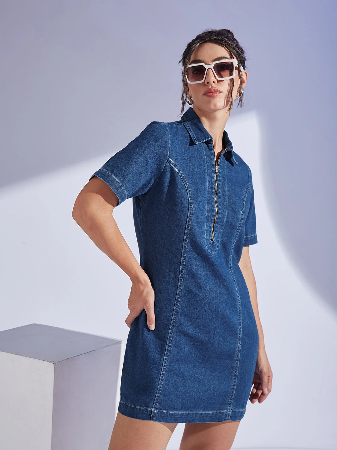 Calm Aesthetic Women's Dark Blue Collared Half Sleeve Princess Seam Sheath Mini Dress