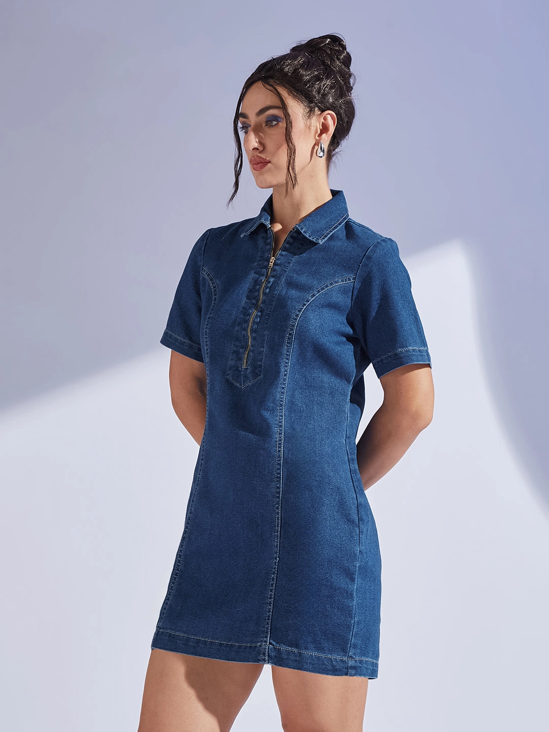 Embroidered-Detail Women's Dark Blue Collared Half Sleeve Princess Seam Sheath Mini Dress