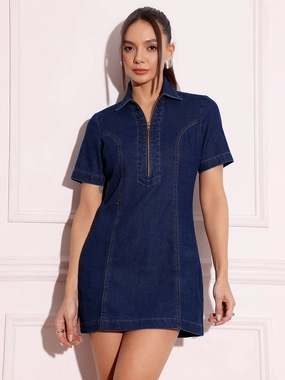 Skin-friendly Women's Dark Blue Collared Half Sleeve Princess Seam Sheath Mini Dress