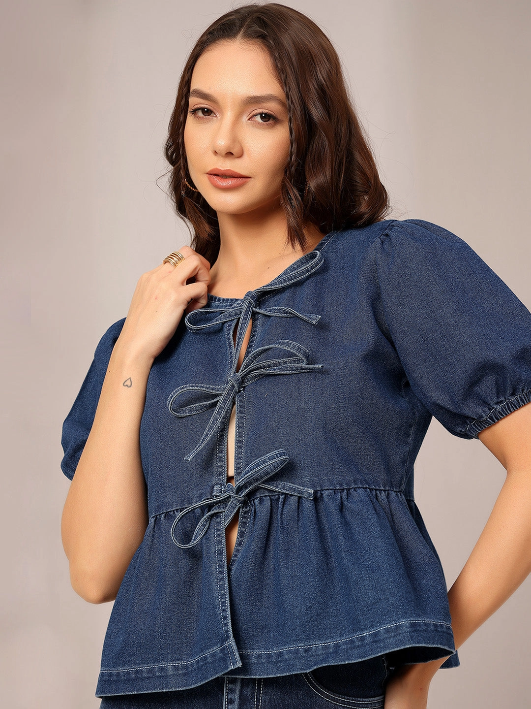 Women's Dark Blue Round Neck Puff Sleeve Solid Denim Peplum Top Sporty T-shirt FadeResistant Finish