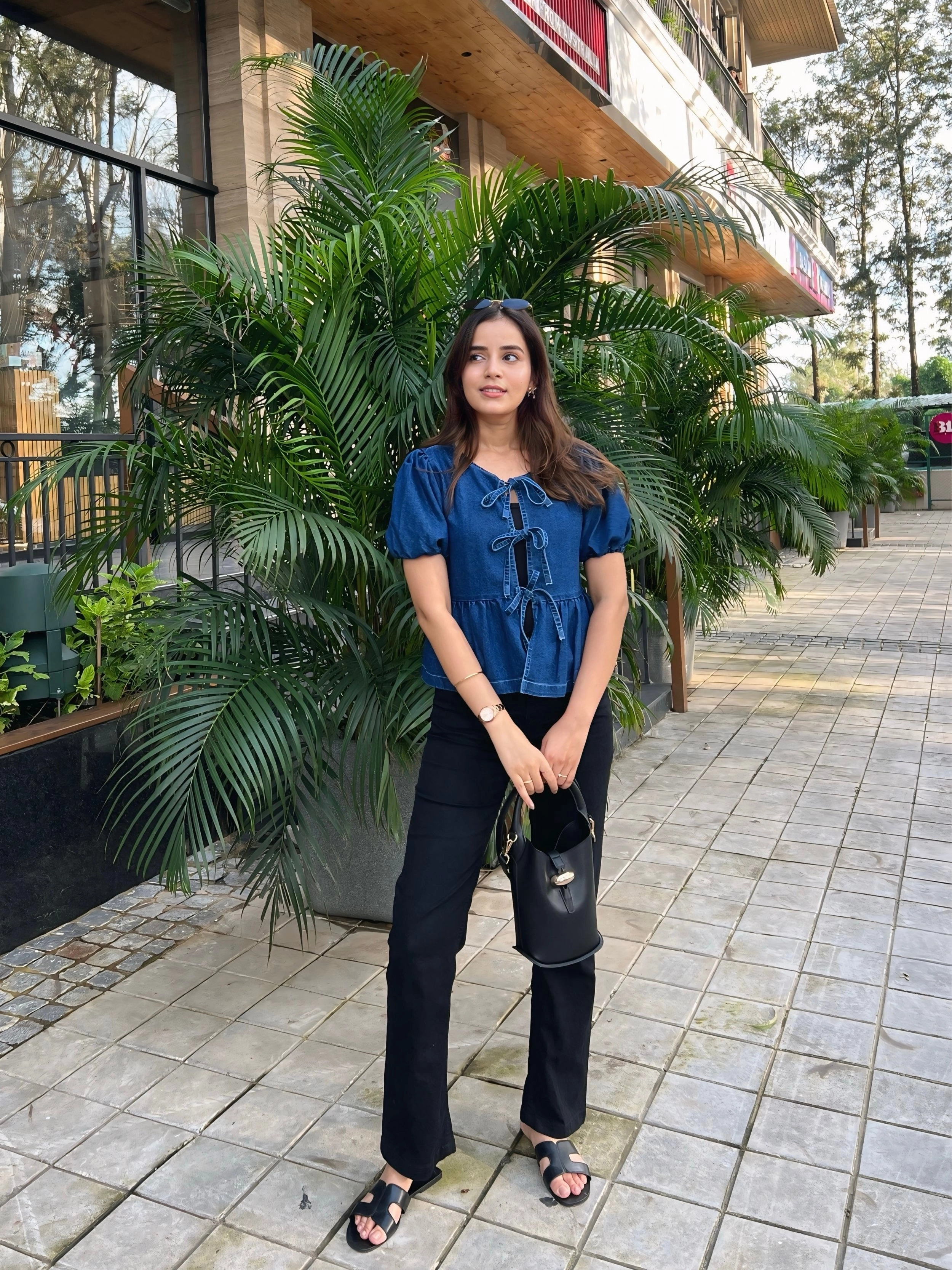 Women's Dark Blue Round Neck Puff Sleeve Solid Denim Peplum Top Ventilated Side Panels ButterySoftTextile