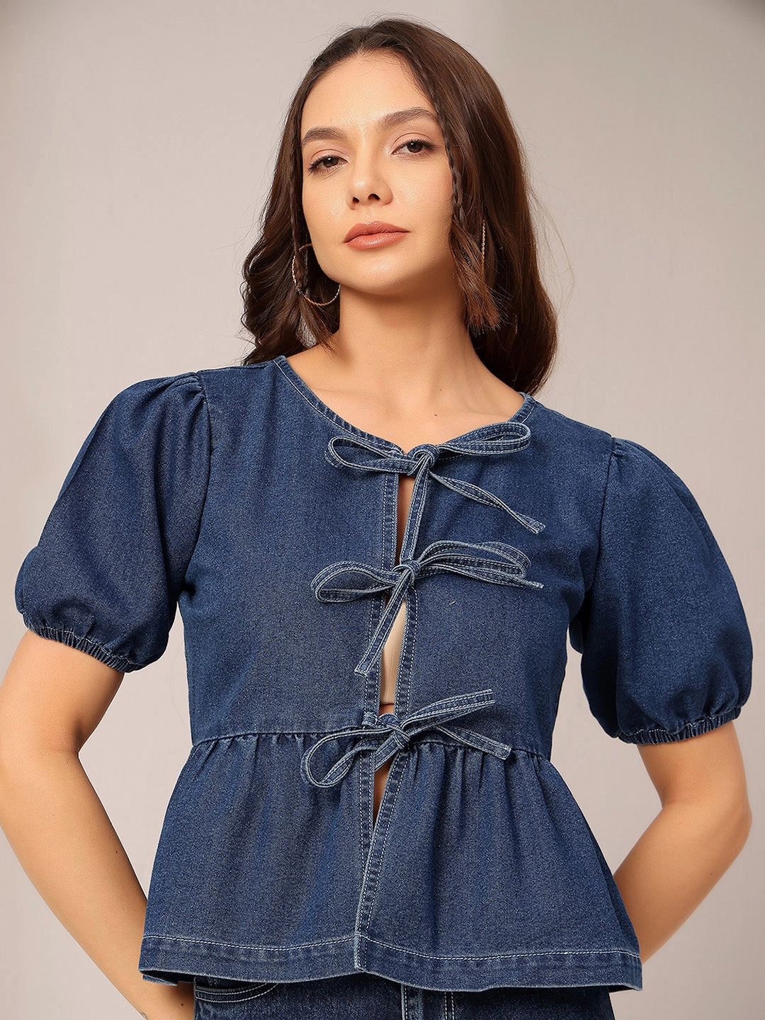 GarmentDyed UV protection layer Women's Dark Blue Round Neck Puff Sleeve Solid Denim Peplum Top
