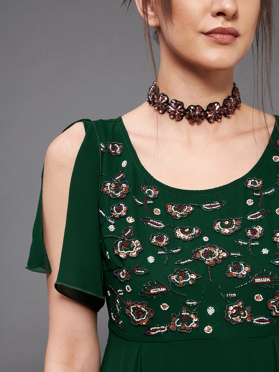 Body Fit Stylish Comfort Women's Dark Green Round Short Slit Sleeve Solid Embellished Georgette Maxi Dress