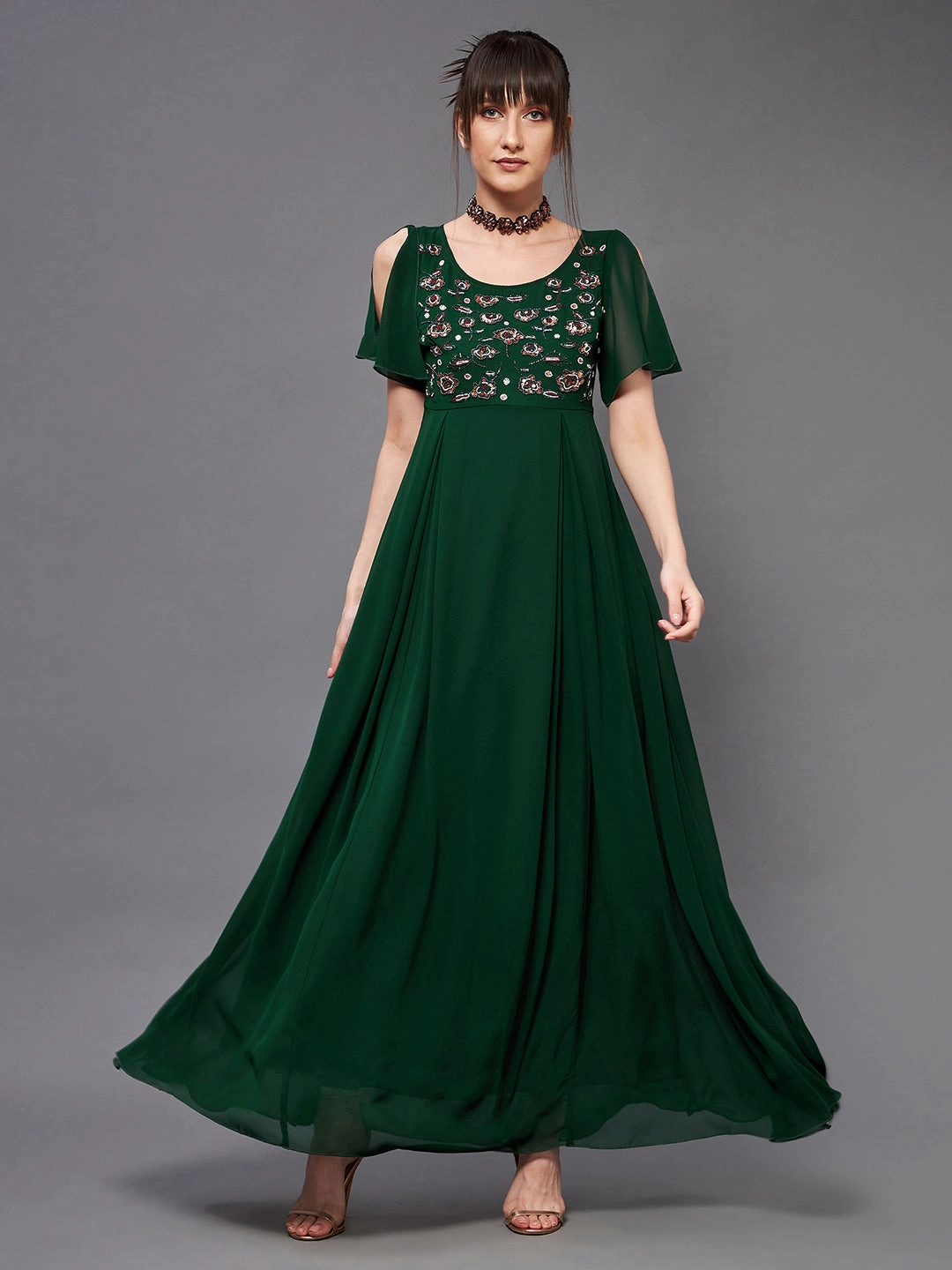 Women's Dark Green Round Short Slit Sleeve Solid Embellished Georgette Maxi Dress Easy-Storage Gradient Shade