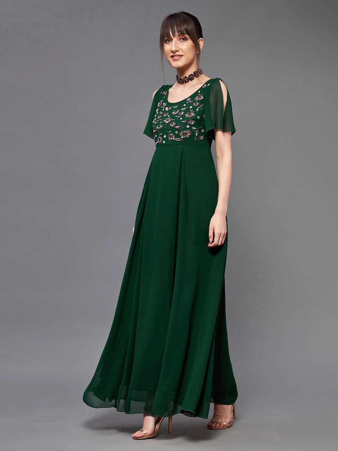 Art-Gallery Women's Dark Green Round Short Slit Sleeve Solid Embellished Georgette Maxi Dress