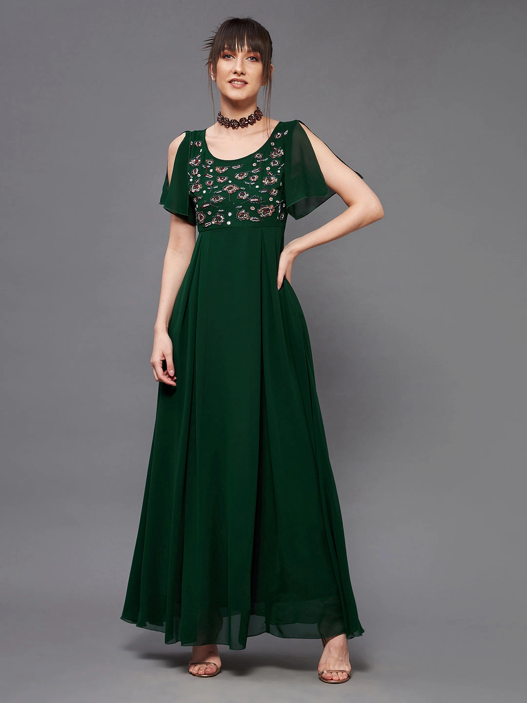 Flattering Layers Women's Dark Green Round Short Slit Sleeve Solid Embellished Georgette Maxi Dress