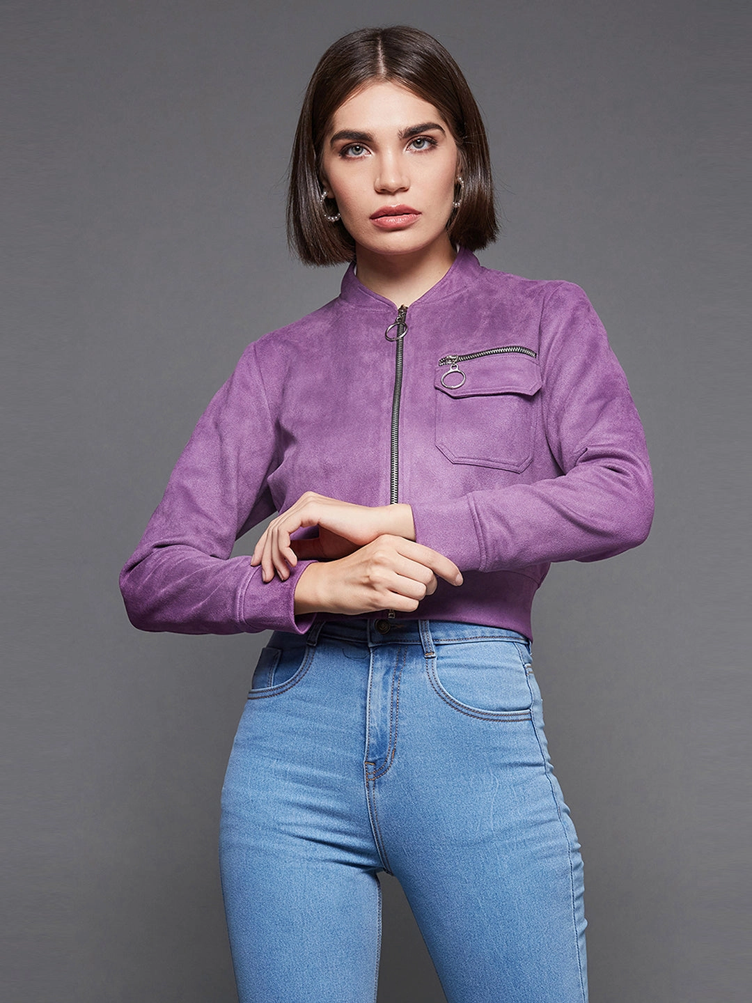 Trendy Must Have Women'S Dark Lavender Mandarin Collar Full-Sleeve Solid Crop Polyester Jacket