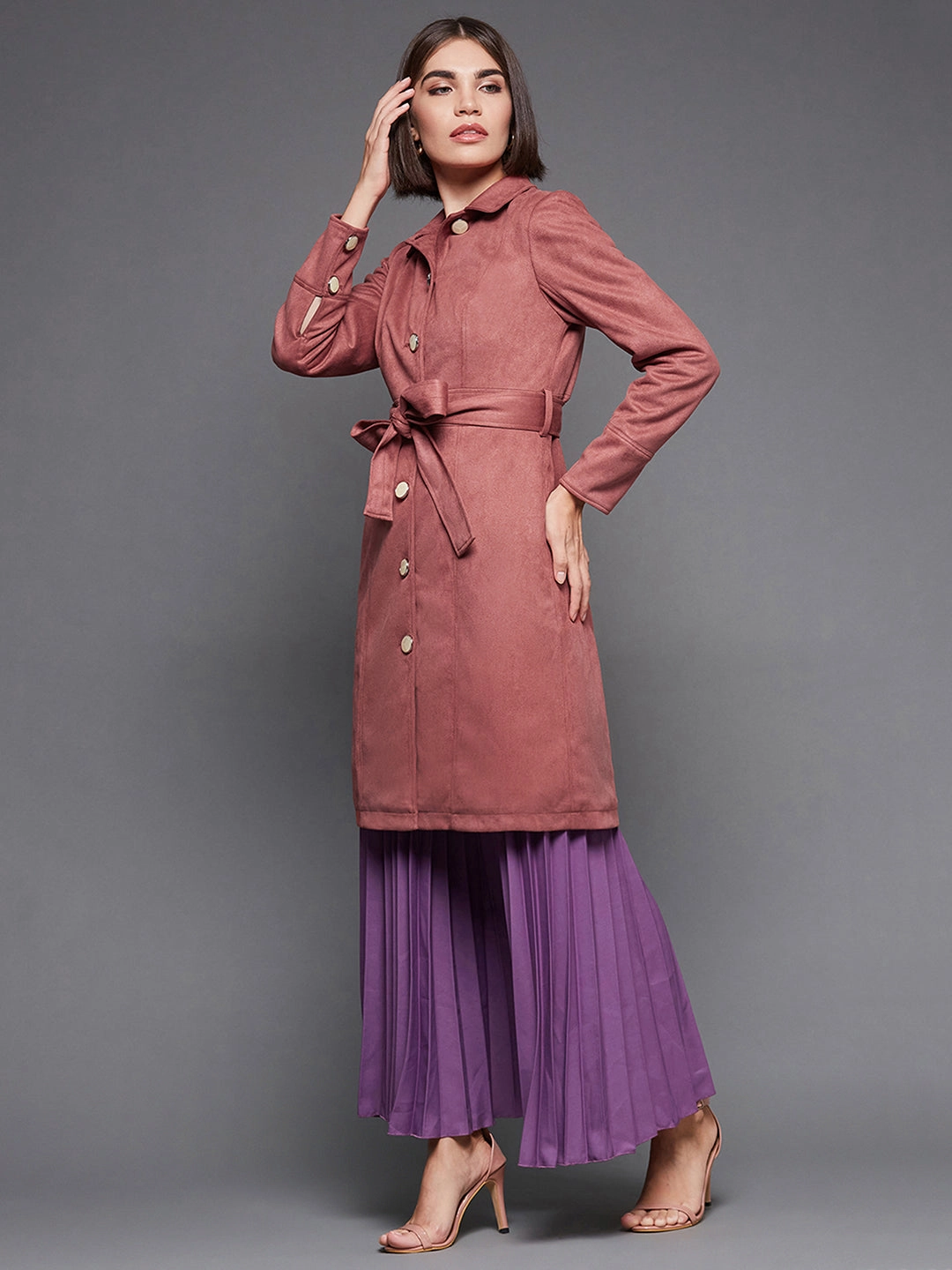 Odor Resistant Fabric Women's Dark Peach Shirt Collar Full Sleeves Side Pocketed Polyester Button Down Longline Winter Wear Blazer Jacket