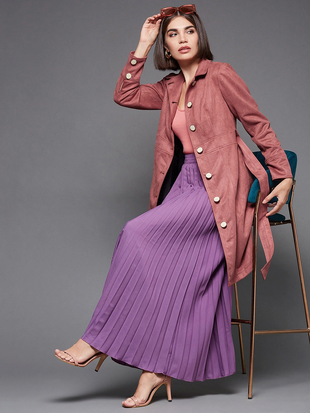 Zipper Closure Mechanism Women's Dark Peach Shirt Collar Full Sleeves Side Pocketed Polyester Button Down Longline Winter Wear Blazer Jacket