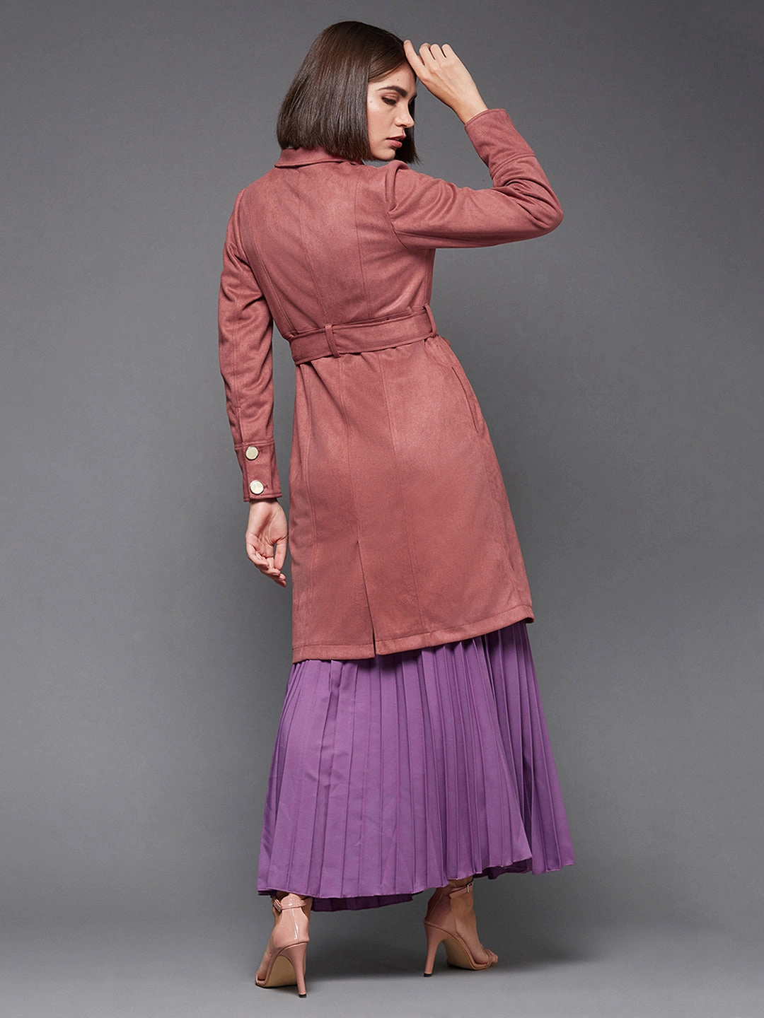 Classic Fit Go To Layer Women's Dark Peach Shirt Collar Full Sleeves Side Pocketed Polyester Button Down Longline Winter Wear Blazer Jacket