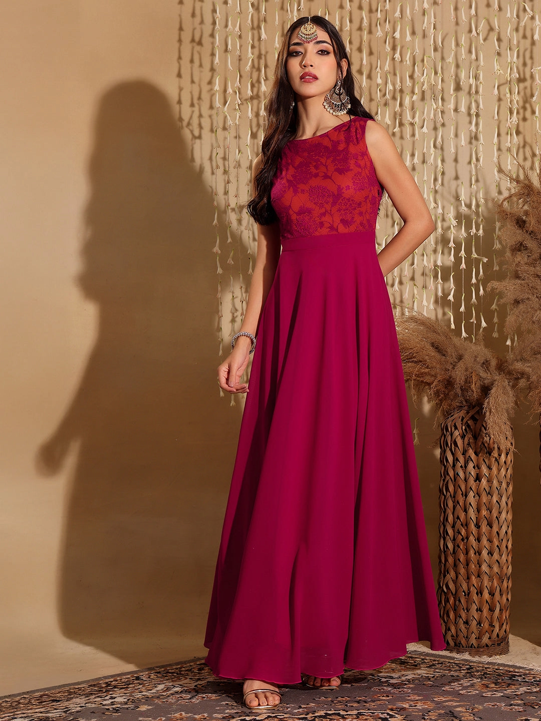 NonSlipClosure Feminine Style Women's Dark Pink & Rust Boat Neck Sleeveless Self Design Lace Overlaid Regular Dress