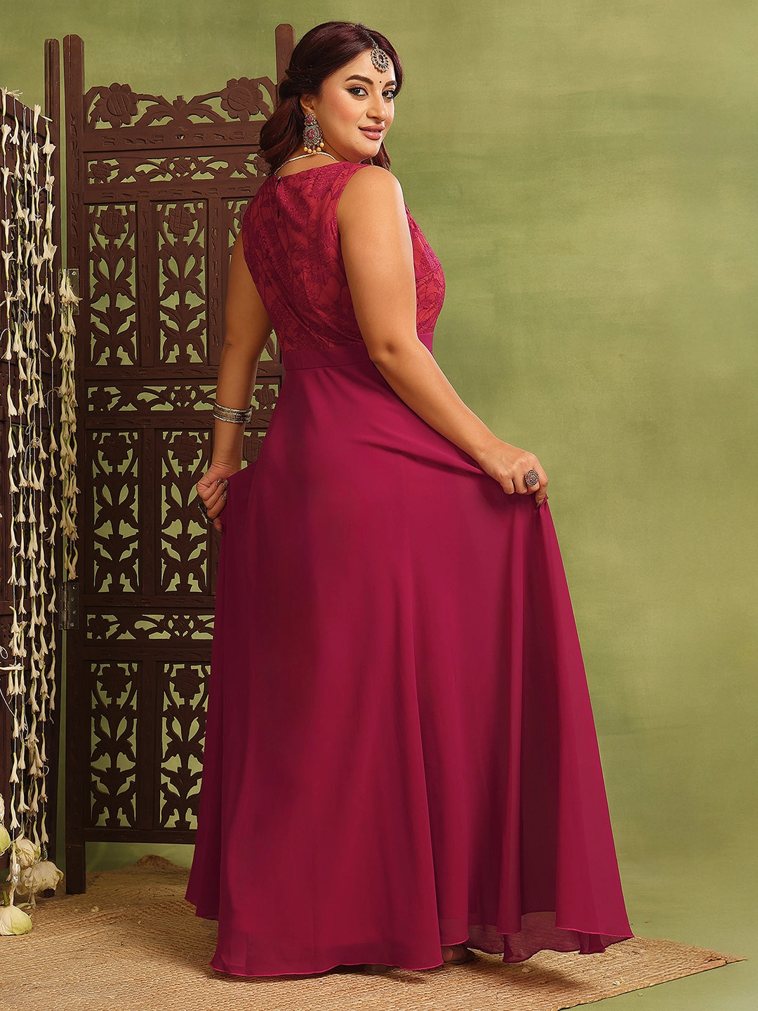 Women's Dark Pink & Rust Boat Neck Sleeveless Self-Design Lace-Overlaid Regular Dress Romantic date dress