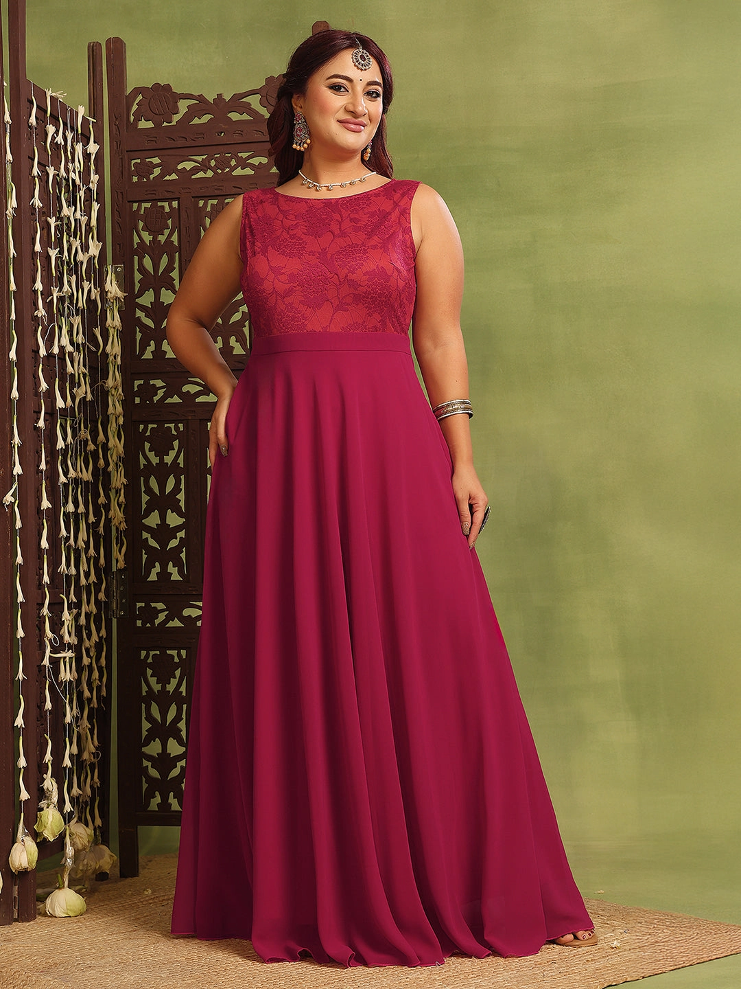 Women's Dark Pink & Rust Boat Neck Sleeveless Self-Design Lace-Overlaid Regular Dress Evening Tone