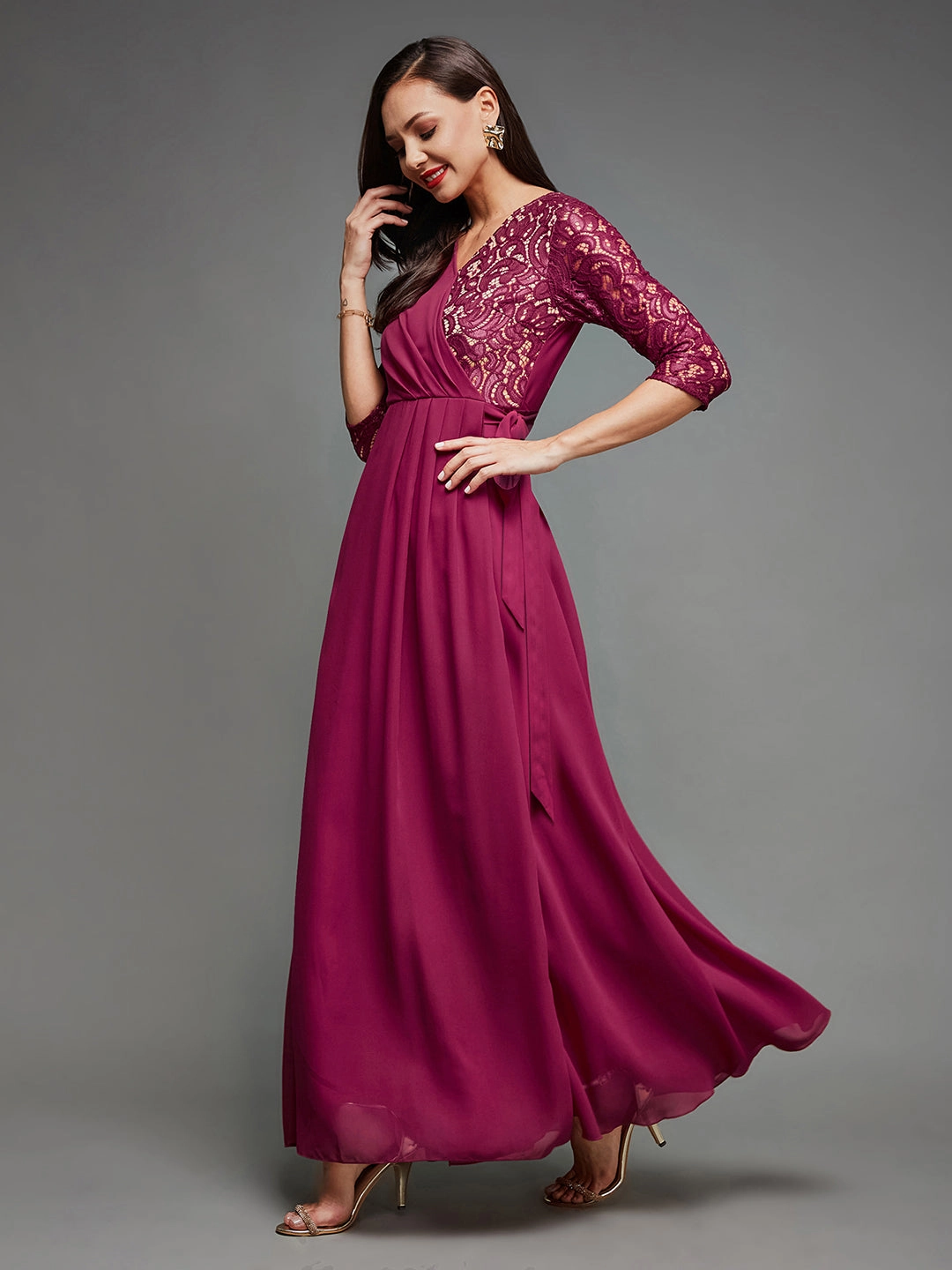 Care-Instructions-Included Lace-Sleeve Women's Dark Pink Colored V-Neck Three-Quarter Sleeve Self-Designed Wrap Maxi Georgette Dress