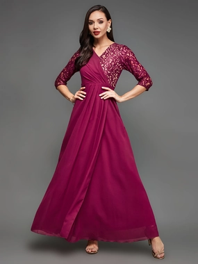 Stylish Touch Autumn Look Women's Dark Pink Colored V-Neck Three-Quarter Sleeve Self-Designed Wrap Maxi Georgette Dress