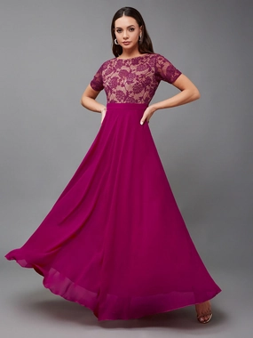 Office Friendly Layered Texture Women's Dark Pink Round Neck Half Sleeve Self-Designed Fit & Flare Georgette Maxi Dress