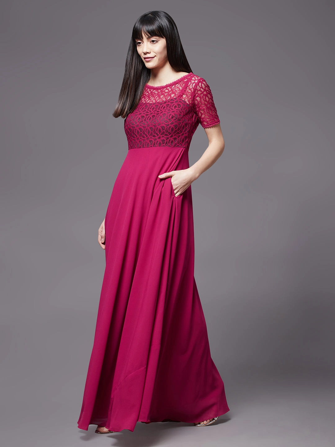 Women's Dark Pink Round neck Half Sleeve Solid Lace Overlaid Maxi Dress Casual and Stylish Standout Feature