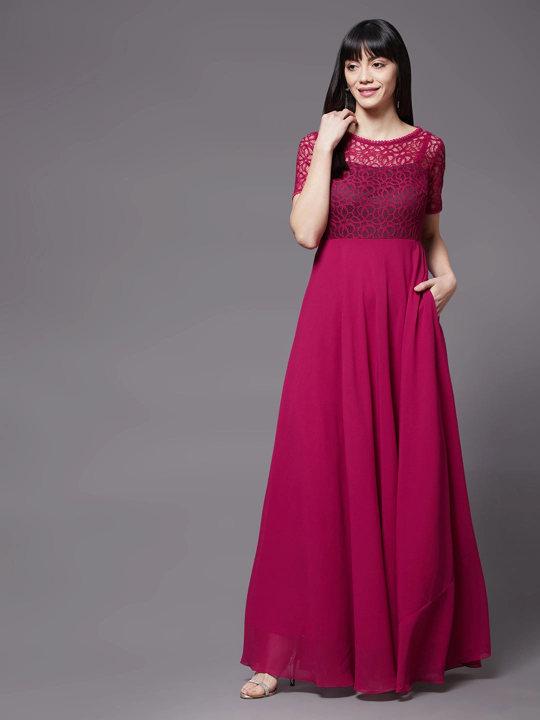 Artistic Shape Cozy Tones Women's Dark Pink Round neck Half Sleeve Solid Lace Overlaid Maxi Dress