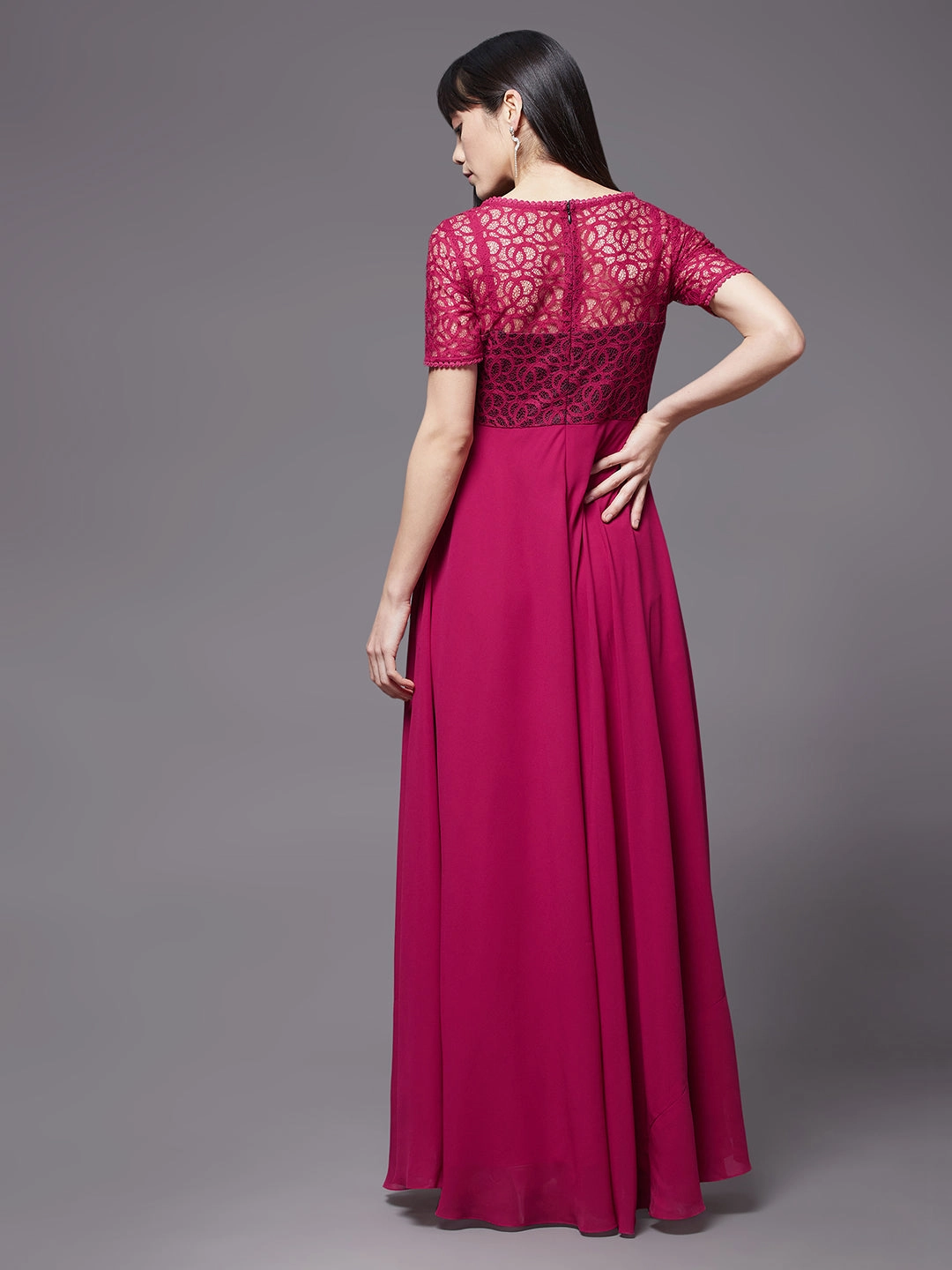 Neutral Flow LowProfileZipper Women's Dark Pink Round neck Half Sleeve Solid Lace Overlaid Maxi Dress