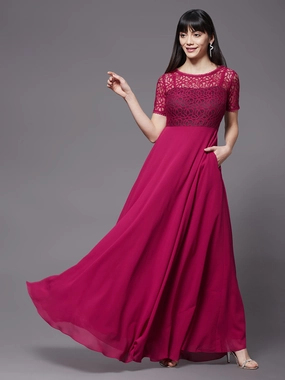 Women's Dark Pink Round neck Half Sleeve Solid Lace Overlaid Maxi Dress Subtle Lines