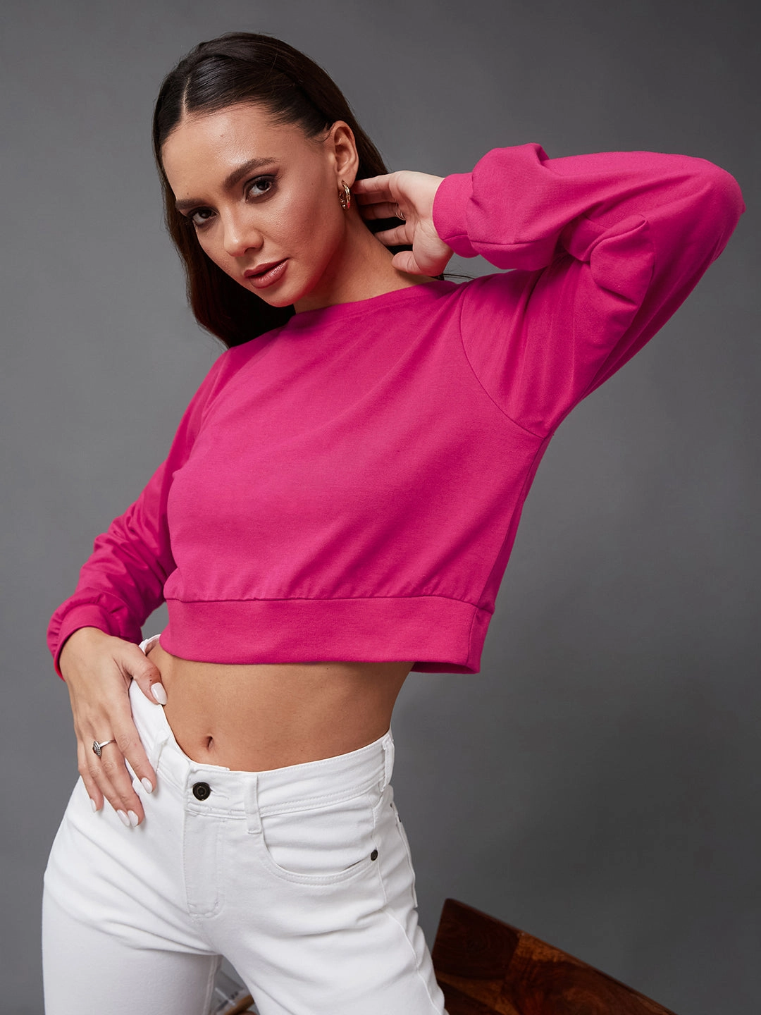 Women's Dark Pink Solid Full Sleeve Round Neck Cotton Crop Tops Durable Reinforced Hem