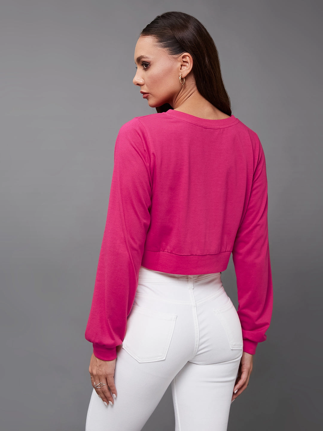 Women's Dark Pink Solid Full Sleeve Round Neck Cotton Crop Tops Wrinkle Resistant Texture Quick Access Pockets